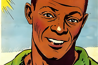 A cartoon of Jesse Owens with a smile on his face is posing for a picture. He has short hair and appears to be wearing a striped shirt. The background of the image includes some grass, suggesting that the photo may have been taken outdoors.