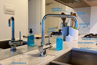 A photo of a kitchen counter with sink, goose-neck mixer tap and assorted utensils. Some of the items have been annotated.