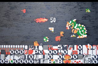Painting of a glitched version of Mario facing Bowser in Super Mario Bros.