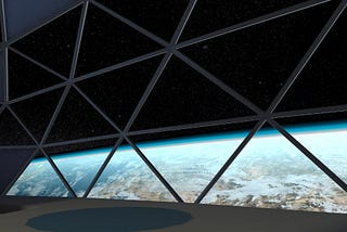 A giant window with geodesic reinforcing bars overlooks the planet Earth from low orbit, the top two-thirds showing a field of stars.