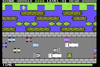 Screen shot of classic “Frogger” game from the 80s