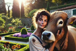 A beautiful brunette covered in dirt from hard work embraces the head of a bull standing beside her as they’re surrounded by a beautiful garden — the product of all her hard work.