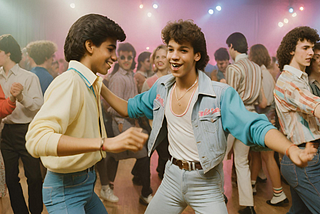 Young men in 1980s clothes dancing at a disco.