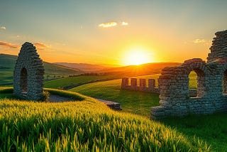 Sunset over rolling hills with stone ruins in the foreground