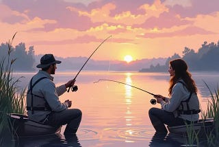 An ‘almost’  couple fishing and chatting on a lovely lake in the late afternoon.
