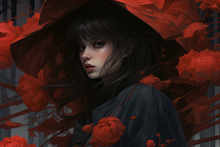 AI creation of a beautiful teenage girl wearing a black hat. Red wisps of cloud or fabric, float around her as her hair blows across her face. She is unsmiling and serious and very lovely.