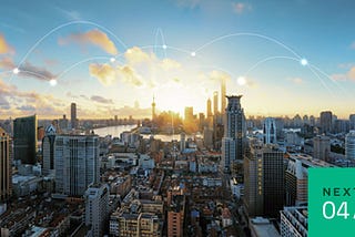 A skyline featuring illustrations of 5G connections through a major city