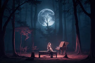 A moonlit clearing in a dark, ancient forest, bathed in the eerie glow of a crimson moon. In the center stands a dilapidated mansion, its decaying walls casting long shadows on the ground. A figure, ghostly and ethereal, plays a piano near a stained-glass window, the haunting music echoing through the stillness.