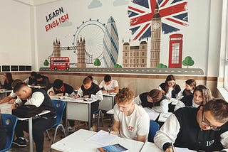 A class of teenagers studying English