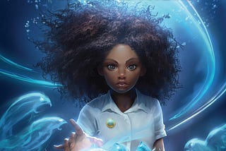 Book Cover; Mystical blue background with swirling shades of blue and white showing the magic around; Black girl in the middle with a uniform on, staring straight with hand out, and large curly hair blowing