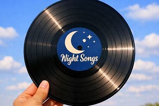 The AI-generated image shows a closeup of a hand holding up a vinyl album while outside. The sky is a beautiful shade of blue and there are multiple clouds. On the label of the record is a drawing of a C-moon with stars and planets in the distance. Also shown is the title of the record: Night Songs.