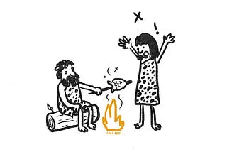 An early man using fire to cook meat, another one frightened by it, yelling at him