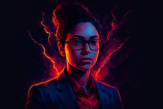 A stylized digital portrait of a confident young female tech billionaire in a cyberpunk art style. She has dark curly hair pulled up into a bun, wears large glasses, and stares directly at the viewer with a calm, commanding presence. The image features bold neon lighting in electric reds, blues, and purples, with crackling energy bolts framing her silhouette against a dark futuristic background. She is dressed in a sleek blazer and shirt, radiating intelligence, power, and modern leadership.
