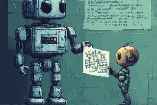 A smaller robot handing a sheet of formulas to a larger robot