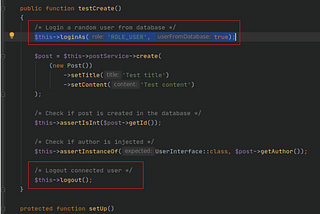 How to connect a user in unit test within Symfony in an example