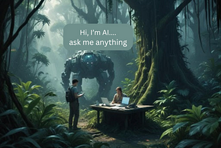 A picture of two people, writers, in the middle of a jungle with two computers. An image of offering to help.