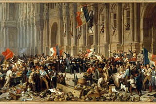 Big oil on canvas painting representing the French revolution showing a mess of debating people but all sides rising the same flag.