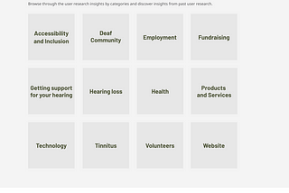 A web page that says ‘Find user research insights. Find insights from our user research to help you understand the communities that we support and make informed decisions.’ There are 12 category blocks underneath — Accessibility and inclusion, Deaf community, Employment, Fundraising, Getting support for your hearing, Hearing loss, Health, Products and services, Technology, Tinnitus, Volunteers and Website’. At the bottom there is a form which says ‘Receive alerts about our latest insights’.