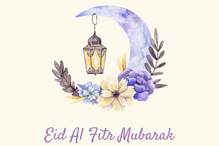 Crescent moon and flowers with Eid greetings.