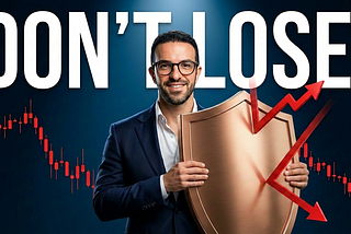 Henrique Centieiro in a dark navy suit holding up a silver shield that deflects red stock market arrows crashing down. Bold white text reads “Don’t Lose.”