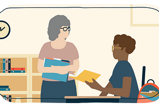 An illustration of a student seated at a desk and talking to a teacher.