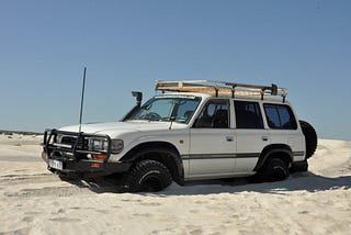 An Ute bogged down in soft beach sand