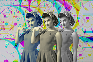 Three identical women in 1950s clothing standing in front of an array of clocks radiating bright colors.