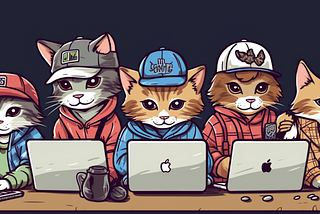 Group of similar looking cats with MacBooks, baseball caps, and plaid shirts