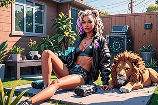 Leah and her gf relaxing in the yard, ©none, image AI generated in Draw Things (Mac app)