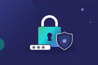 Lock and security shield with other elements on a blue background.