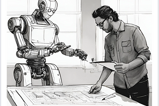A drawing of a robot and a person standing around a drafting table and reviewing schematics together