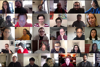 A screenshot, showing many people all participating in a video call