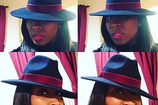 Four different pictures of a woman wearing a hat