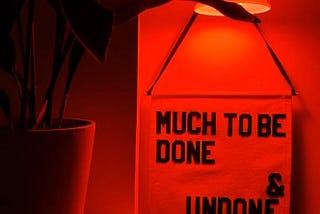 banner reading “much to be done & undone by @rayoandhoney hangs from a sconce with an orange bulb next to a plant.