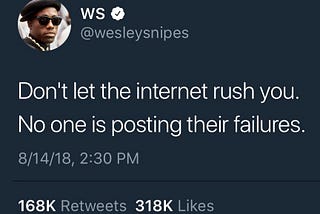 Tweet by Wesley Snipes (Actor): “Don’t let the internet rush you. No one is posting their failures”.