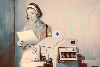A vintage style photo of a woman holding a piece of paper and standing next to a fax machine on a table in