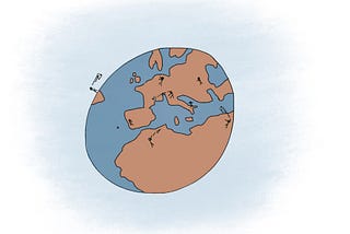 A cartoon planet Earth on which several people are throwing paper airplanes back and forth to each other.
