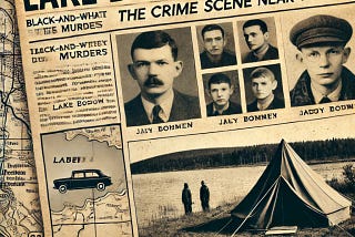 An old newspaper clipping style image with headlines about the Lake Bodom murders. The image includes black-and-white photos of the victims.