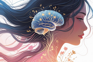 woman girl with brain blossoming flowers and floral patterns that align with nerves, ADHD, neurodiverse