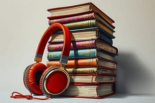 Image shows a stack of colorful books with red headphones leaning against it.