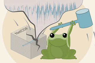 Frog smashing a NetCDF cube, a lineplot comes out of it. Illustration by María Braeuner.