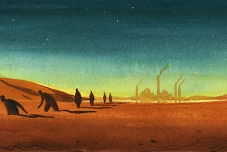 A line of silhouetted figures walk away from a distant town, each one sinking slowly into the sand.