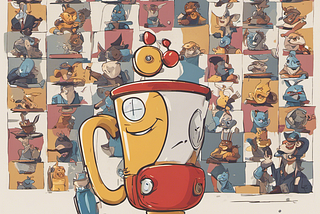 Stable Diffusion & I dreamed up this Shopify Chatbot Cup illustration. It’s got a bunch of weird robo-cups in squares in the background and then a huge smiling prizewinning trophy cup in the foreground, that’s also kind of anthropomorphized and is smiling