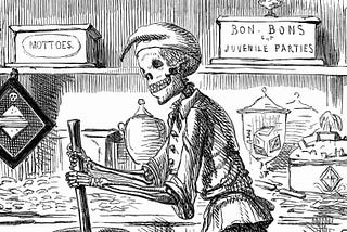 A drawing of a skeleton stirring a pot with candy on the counter behind him