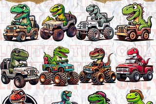 12 T-Rex Riding American Off-Road Bundle, Wrangler Truck Clipart PNG SVG PDF Shirts Sticker Decal Commercial use Instant Digital Download