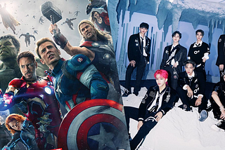 We see the poster for ‘Avengers: Age of Ultron’ and a picture of all the members of K-Pop group SuperM side-by-side.