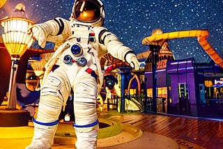 An astronaut standing at a theme park