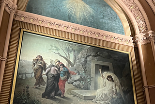 A mural painted behind the alter from 1891. It depicts the story of the women going to the tomb looking for the body of Jesus, but finding an angel instead.