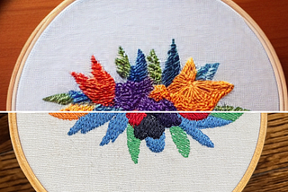 split image of an embroidery — one imagined by AI and one made by a human