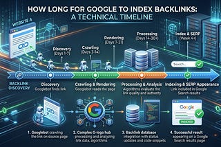 Infographic illustrating the technical timeline for Google to index backlinks, showing stages from discovery by Googlebot to final appearance in search results, with estimated timeframes for each step.